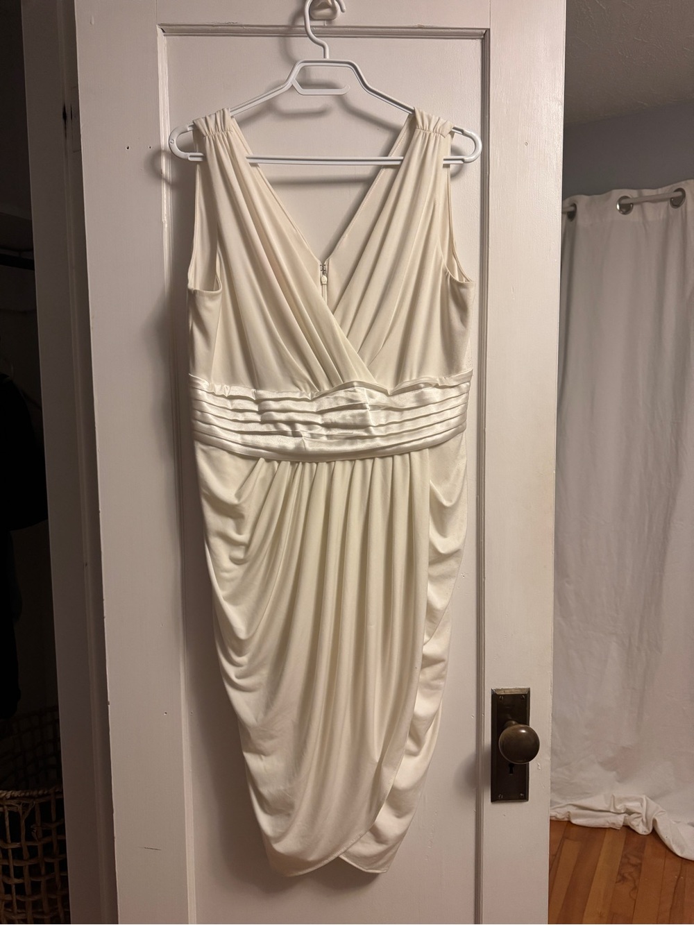 Elegant White Cream V-Neck Draped Women’s Dress